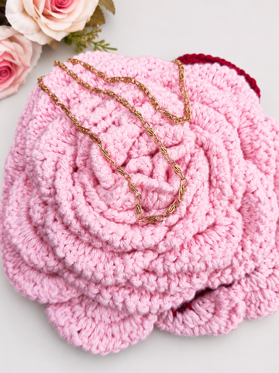 3D Rose Crochet Sling Bag Handmade Pink Floral Purse