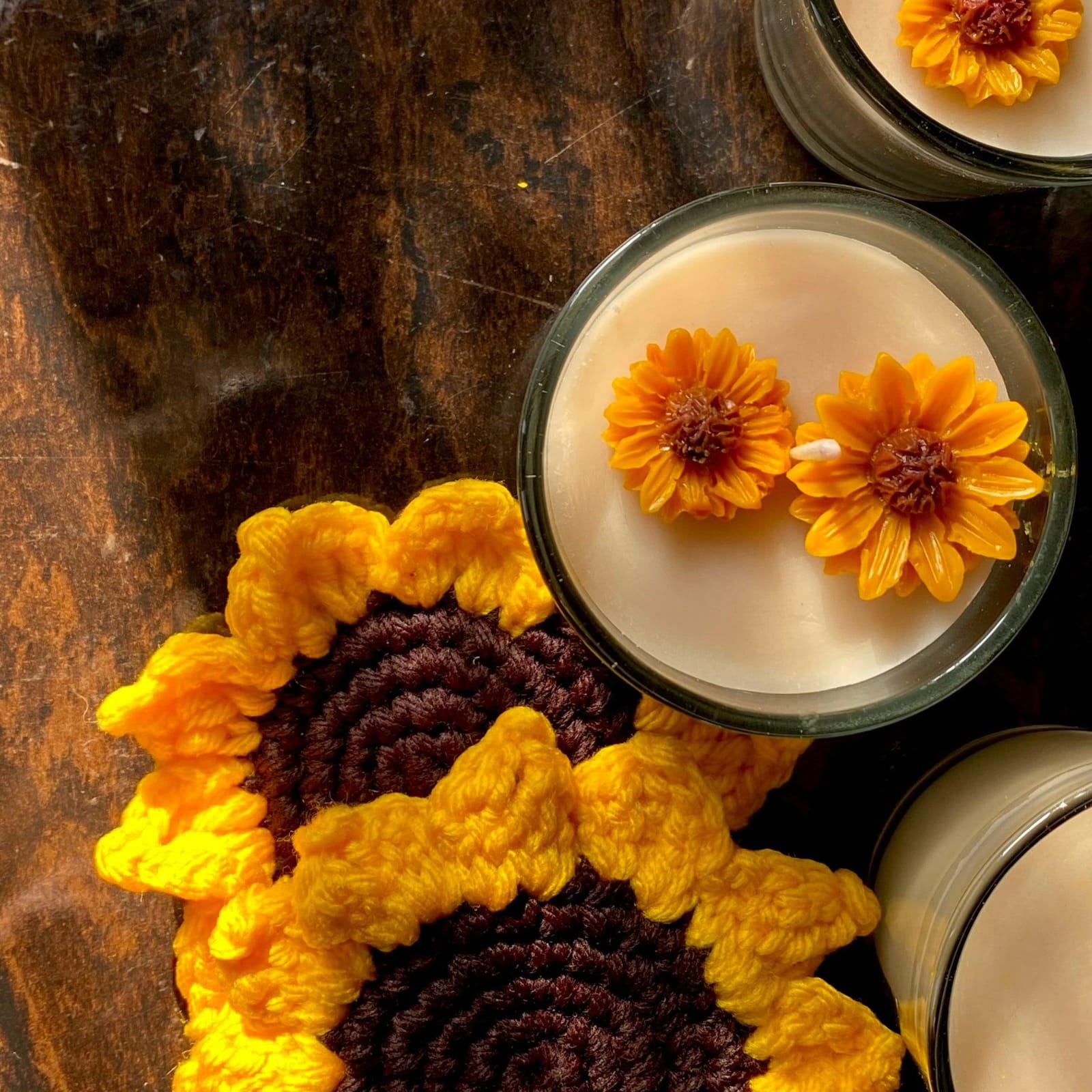 Sunflower Candle with 2 Crochet Coasters – Handmade Floral Gift Set