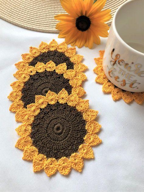 Set of 2 Sunflower Crochet Coaster | Aesthetic Table Decor & Gift Item
