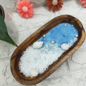 Ocean theme candle with shells and blue wax handmade decor