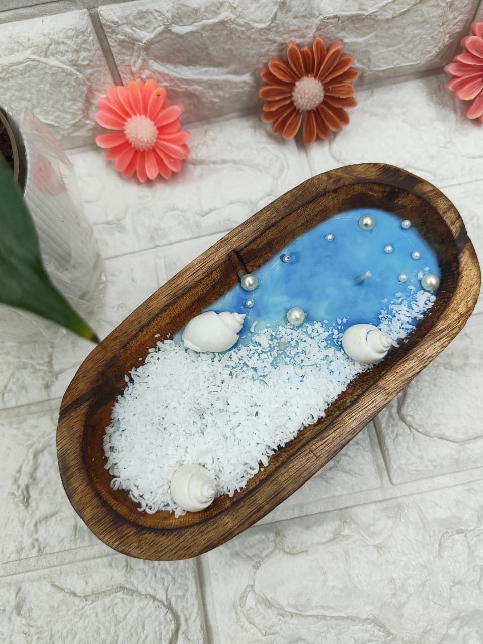Ocean theme candle with shells and blue wax handmade decor